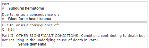 Death certificate listing fall and subdural hematoma as cause of death