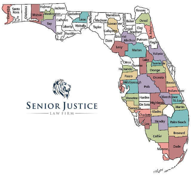 Nursing home abuse law firms in a Florida map.